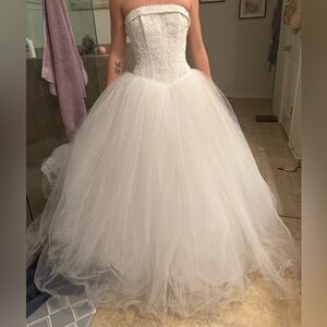 David's Bridal White Sparkling Strapless Tulle Ball Gown